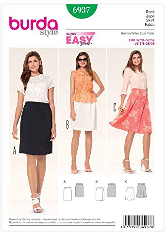 Burda Easy mönster #6937 minikjol för kvinnor med elastiskt band storlek 32–54 – synivå 1 (superEasy)