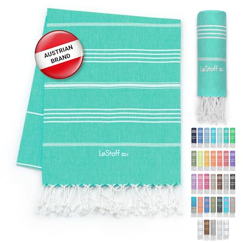 LeStoff Turkish Beach Towel 100% Organic Cotton Prewashed 38x71 Soft Highly Absorbent Quick Drying Beach Pool Bath Yoga Gym Sauna Travel SPA Eco-Friendly Blanket Fouta Peshtemal - (Turquoise)