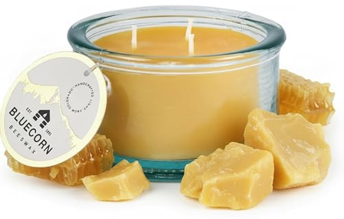 Bluecorn Beeswax 3-Wick Candle – Raw Unscented, 100% Pure Beeswax – 10oz Hand-Blown Recycled Spanish Glass – Non Toxic, Clean Burning, Refillable Glass Jar