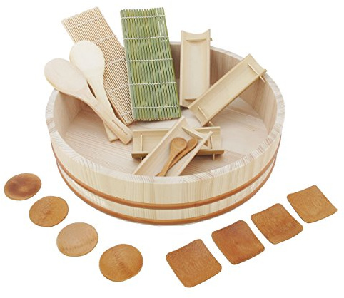 BambooMN 15.3 Hangiri Oke Sushi Rice Cooling Bowl/Tub with 19 Pieces Sushi Making Serving Accessory Kit - Jumbo