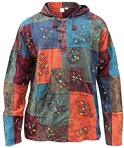 SHOPOHOLIC FASHION Hooded Stonewash lappverk blockerad farfar hippie skjorta, Flerfärgad, XL-XXL