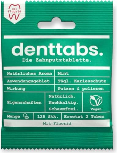 Denttabs Zahnputztabletten die vollwertige Alternative zur Zahnpasta, 125 Stk. für 2 Monate. Mint mit Fluorid - VEGAN Plastikfrei ohne Konservierungsstoffe. Im Orginal denttabs kompostierbaren Beutel