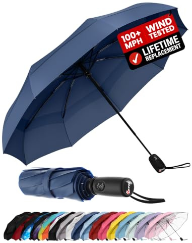 Windproof Travel Umbrella - Compact & Withstands Winds up to 85MPH, Strongest Premium Auto Folding Umbrella for Rain and Sun - Durable, Light & Portable for Women & Men, Fits Backpack & Cars