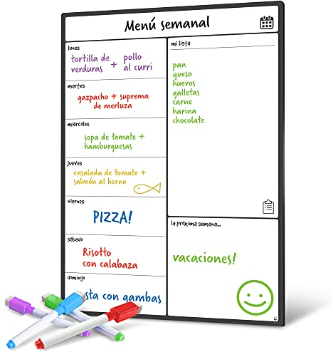 Smart Panda Pizarra Magnética Nevera A3 – Planificador de Menú Semanal, Lista de la Compra, Recordatorios – Calendario Blanco con 4 Rotuladores – En Español