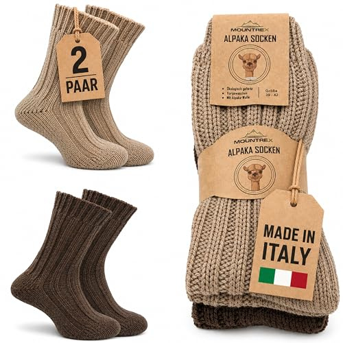 MOUNTREX Alpaka Socken, Wollsocken für Damen, Herren - Stricksocken - 2 Paar, Beige/Braun (Dick - wie gestrickt), 43-46
