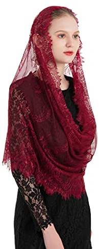 PAMOR Mantilla-Schleier im spanischen Stil, Spitze, traditionell, Vintage, inspiriert, Unendlichkeitsform, lateinische Masse, Kopfbedeckung, Burgunder, Einheitsgröße