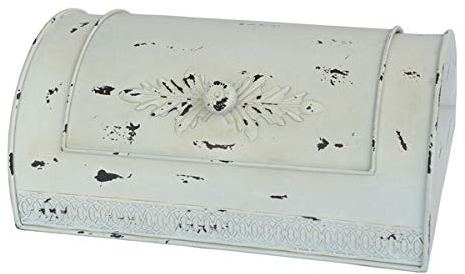 Nostalgie - Contenitore per il pane shabby chic, in metallo bianco anticato, con ornamento, 40 x 27 cm