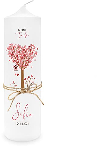 Liluna® Taufkerze Mädchen Lebensbaum - Baum Herzen rosa personalisiert mit Namen & Taufspruch, online selbstgestalten, inkl. Jutebandverzierung
