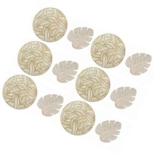 Gold Tischsets Set von 12, Gold Tischmatten Runde Hohl Out Matten Blatt geformte Platzmatten Küche Tischmatten Tischsets Hochzeit Tischsets Tellermatte Esstischmatten für Abendessen (Gold)