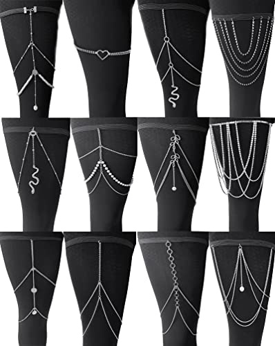 Tornito 12Pcs Thigh Chains Snake Heart Pearl CZ Leg Chain Boho Layered Body Chain Summer Beach Party Body Jewelry for Women Silver Tone