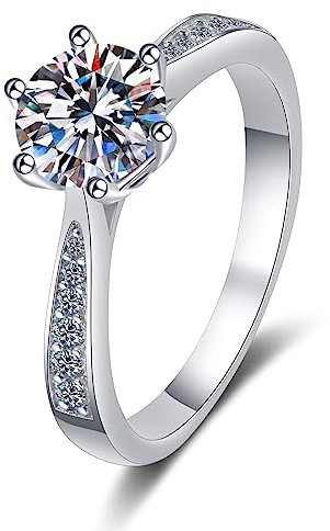 Große Ringe Damen, Silberring Einfach 925 Weißes Gold 0.5ct Moissanit Runden Geschenkring Zum Geburtstag Einstellbar