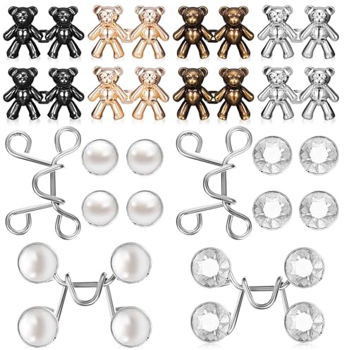 VILLCASE Jean Buttons Pins, Detachable Tighten Waist Button, Alloy Pant Waist Tightener, Cute Bear Buckle Clip, Adjustable No Sewing Pants Clips for Instant Jean Button 12 Pairs