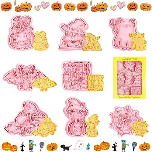 Lets Joy Cortadores de galletas de Halloween, 8 Piezas Moldes para Galletas 3D, Molde Galletas para Niños, Juego de Moldes de Galletas, Cortador de Pastel de Galletas, Calabaza Fantasma Cráneo