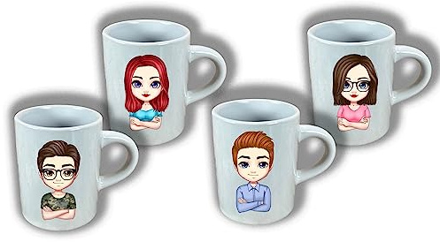 Set 4 Tazzine da Caffè Espresso Personalizzate con Ritratto Caricaturale | Stile Chibi, Con Nome, Idea Regalo per Colleghi, per Amici, per Coinquilini