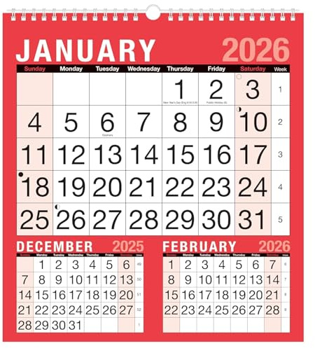 2026 Wall Calendar - Three Months to View Spiral Bound Hanging Wall Planner Monthly Organiser with UK Holidays for Home, Office, School & Business