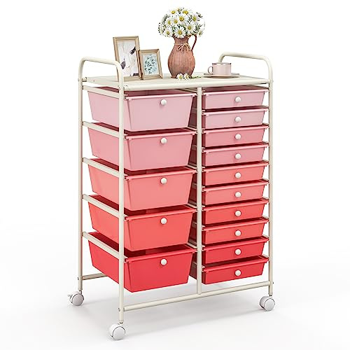 COSTWAY Carrito Auxiliar con Ruedas, Carro Almacenaje con 15 Cajones Apilables, Carrito Organizador con Ruedas Bloqueables de Metal para Cocina Oficina, Baño, 37x63x87cm (Rosado)