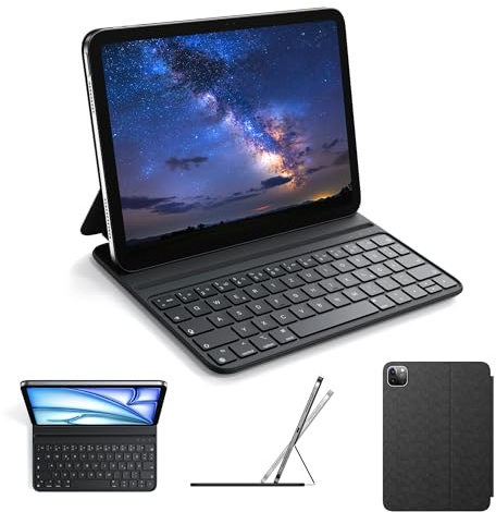 HOU Étui Clavier Smart Folio pour iPad Air 11″ M4/M3/M2,Air 5/4e génération | pour iPad Pro 11 pouces 4e/3e/2e/1re génération, fin et léger, semi-silicone, 2 angles de vue, AZERTY, Noir