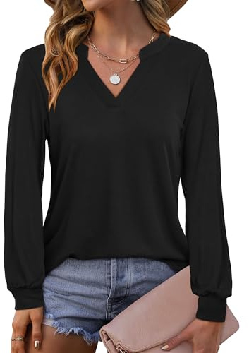 Beluring Langarmshirt Damen Elegant V Ausschnitt Tunika Bluse Einfarbig T-Shirt