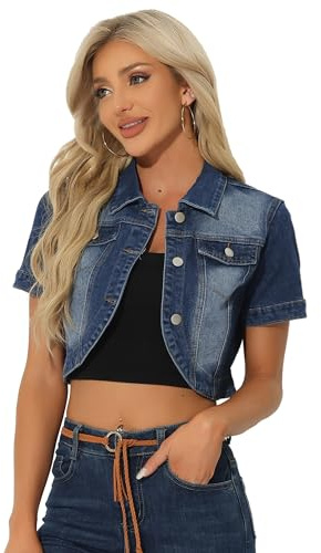 Allegra K Donna Giacca Di Jeans Casual Per Giacche Di Jeans Corte A Maniche Corte Con Colletto A Punta Blu L