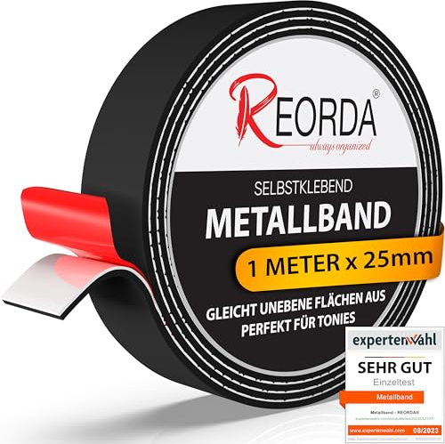 REORDA® Metallband selbstklebend Schwarz - Ideal für Tonies®-Figuren & -Regale (EXTRA STARK) - Magnetband für Magnete I Ferroband I Magnetband selbstklebend I Eisenband (1m)