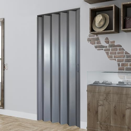 DIYHD 36X80in Interior Accordion Door for Closet & Doorway, Space Saving Foldable Closet Door, No Bottom Track, Set with Double-Sided Handles & Lock, Indoor Use Only, Folded Width 5-1/8, Grey