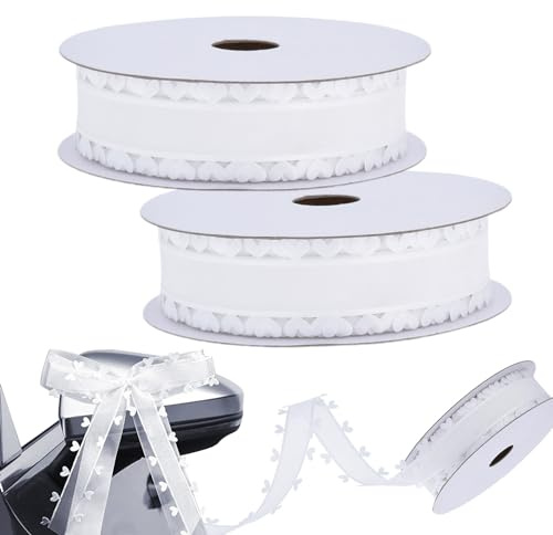 Smavles 25mm x 18m Weißes Schleifenband mit Herzen - 2 Rollen Geschenkband, Organzaband, Tüllband für Auto, Hochzeit, Deko, Tischdeko, Haarschleife DIY (Weiß)