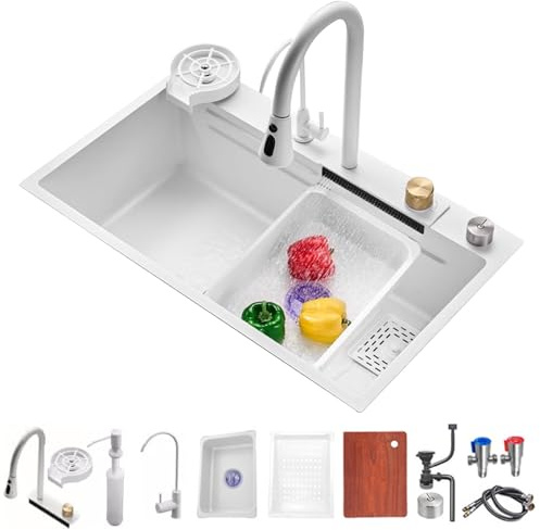 FIVIXIL Lavello da cucina lavello singolo Flying rain waterfall con rubinetto estraibile, lavatazze a pressione, tagliere e altri accessori lavello da lavoro lavastoviglie (White, 85 * 46 * 21cm)