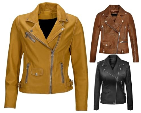AAOutfitz Damen Bikerjacke aus Leder, senffarben, Gelb, Senfgelb - echtes Leder, L