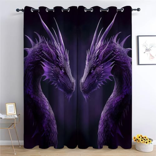 XCQHZYQ Blickdichte Vorhänge Lila Drache Im Fantasy-Stil Weiche Thermovorhang Gardinen Blickdicht mit Ösen H 160 x B 132 cm 2er Pack, Verdunkelung Ösenschal Wohnzimmer Schlafzimmer