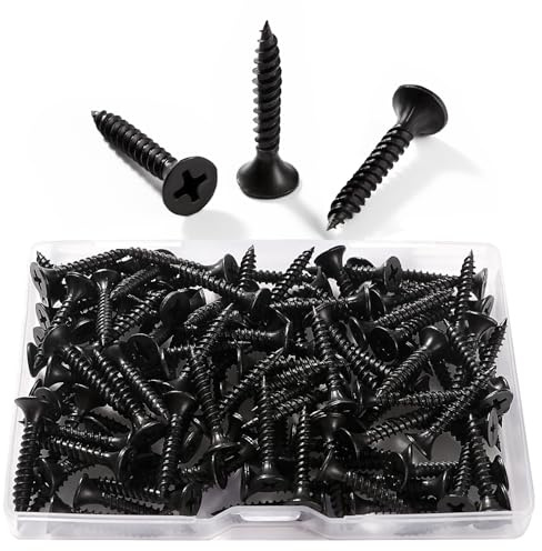 VooGenzek 110 PCS M3.5 * 25 mm Coarse Thread Point Drywall Screws, Phillips Countersunk Drywall Screws, Plasterboard Wood Screw, for Plasterboard and Wood, Black