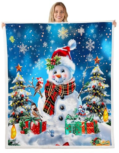 Homewish Blaue Weihnachtsdecke Werfen für Kinder Jungen Mädchen,Winter Schneemann Schneeflocke Decken und Würfe,Weihnachtsbaum Fleece Decke für Couch Weihnachten Lichter Dekorationen Decke 130x150cm