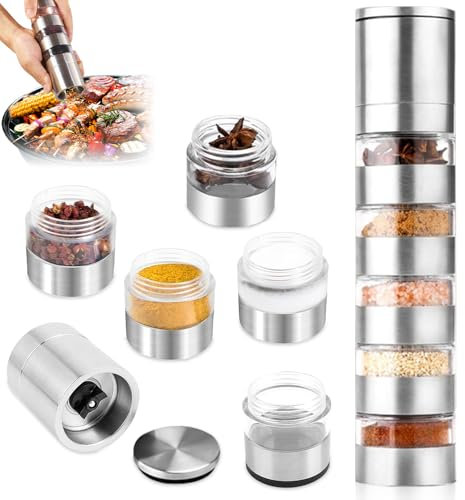 Aoreun Juego de especias de viaje, 5 en 1 con molinillo de especias, acero inoxidable, portátil, mini tarros de especias con tapa, mini salero, tarros de especias para viajes, pícnic, barbacoa, carne