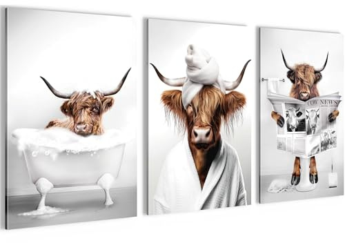 Novart Bilder Set Lustige Tiere - Kein Extra Rahmen benötigt - Wandbilder für Schlafzimmer Flur Badezimmer - 3 Teilig Deko Bulle Badewanne - N032936a