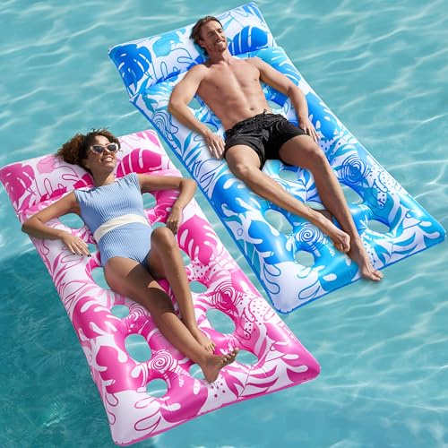 Sloosh Inflatable Pool Floats Lounger, 2 Packs XL Pool Inflatables Keep Cool Sun Tanning Bed Float with Headrest for Adults, Floating Mat Raft Floaty for Lake Beach Swimming Pool Water Fun(Blue, Pink)