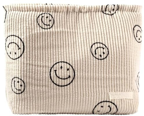 Binnan Kosmetiktasche Smiley,Kordsamt Reise-Make-Up-Tasche,Multifunktionaler Kordsamt-Kosmetiktasche mit Lächeln-Gesicht,Corduroy Smiley Gesicht Make-Up Tasche für Reise Urlaub und Alltag