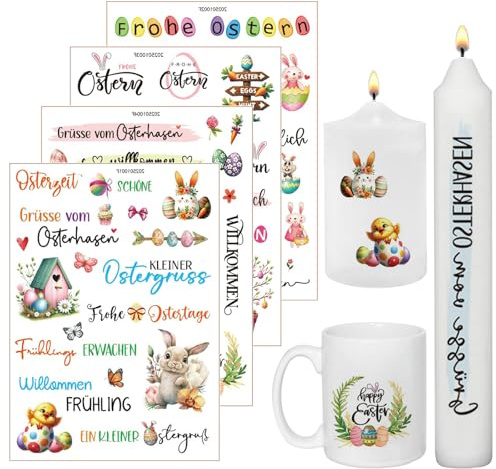 LunarCharm 4 tatuajes para velas de Pascua, impresión de transferencia de agua, decoración de conejos y huevos de Pascua, velas deslizantes, pegatinas para velas, decoración de velas, multicolor