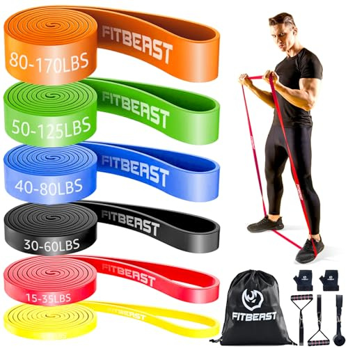 FitBeast Resistance Bands Set, 6 Levels Exercise & Pull Up Bands with Handles & Door Anchor for Strength Training, Home & Gym Workouts (6-Piece Set 5-170 lbs)