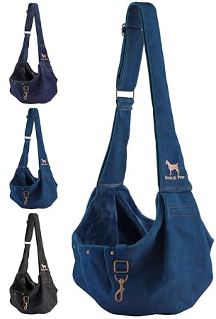 Noah & Paw Hundetragetasche für Kleine Hunde bis 5kg, Hundetasche mit Verstellbarem Schultergurt, und Weichem Fell, Doppelte Sicherheitsfunktion, Haustiere Tragetasche aus Premium Denim