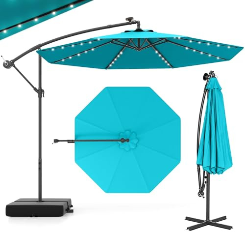 GOPLUS Parasol de Jardin Extérieur avec Pied, Parasol Déporté 3x3M, avec 40 Lampes Solaires, Toile Inclinable, Manivelle, 8 Baleines, Anti-UV, pour Terrasse Cour Patio (Turquoise)