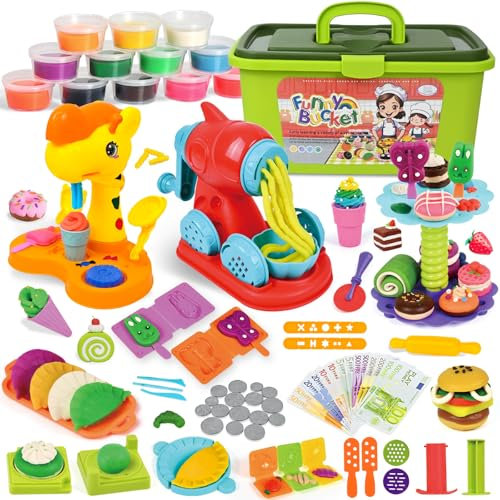 PATEMZON 57 pezzi Pasta set di strumenti modellabili per bambini, con scatola di immagazzinamento e 12 vasetti di patate da modellare, macchine per ghiaccio+pasta