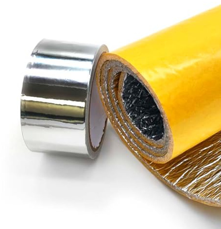 Kit para aislamiento sonoro de tuberías y bajantes: Banda de aislante acústico autoadhesivo 100% aluminio (2,5m x 10 cm) + Cinta de aluminio (10 m)