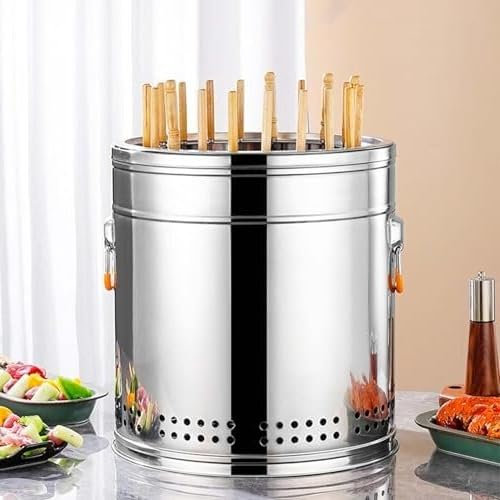 Rauchfreier Grill - Tragbarer Holzkohlegrill mit 30 Edelstahl-Spießen für 360° Rundum-Braten, große Kapazität