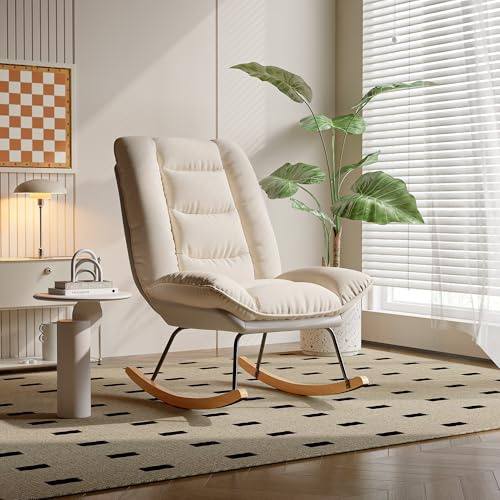 YGHQAP Mecedora Salon, Mecedora Lactancia, Sillon Balancin Acolchado con Respaldo Ajustable En 5 Posiciones, Silla Moderna De Relax para Balcón, Jardín, Salón, Lino + Paño Técnico(Beige-f)