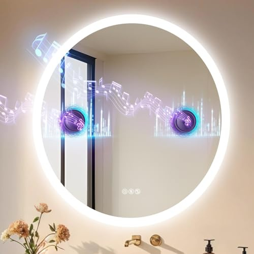 LUVODI Espejo Baño Led Bluetooth, 80x80cm Espejo Baño con Luz Redondo, Espejos de Pared con Interruptor Táctil, Función Antivaho, luz Regulable de 3 Colores, Función de Memoria, Impermeable IP66