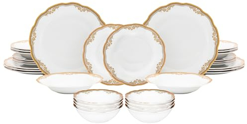 Service de table élégant 32 pièces – Service pour 8 assiettes et bols en porcelaine – Design floral vintage blanc et doré pour table de cuisine, salle à manger formelle ou usage quotidien (floral doré