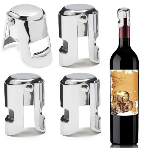 4 Pieces Stainless Steel Champagne Stoppers,Vacuum Sealed Sparkling Wine Bottle Stopper, Reusable Wine Glass Bottle Save Sealer, Leak Proof and Keep Fresh