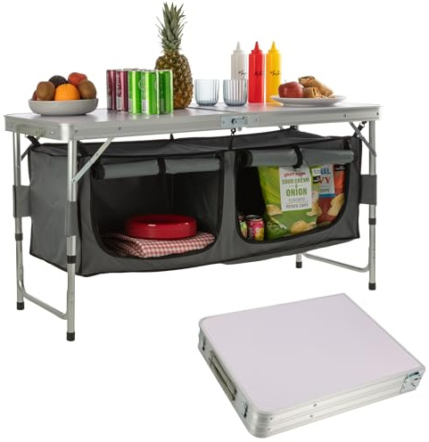 Folding Camping Table with Storage - Lightweight and Portable Aluminum Camp Table with Adjustable Height for Outdoor Travel, Beach, BBQ, Party, Picnic, and Glamping by Wakeman Outdoors