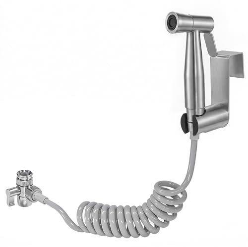 Ribech Handduschset i rostfritt stål för bidé, modern fyrkantig design, silver, självrengörande, med väggmontering, fjäderslang och vattenvattendispenser för badrumsvård och blöjrengöring