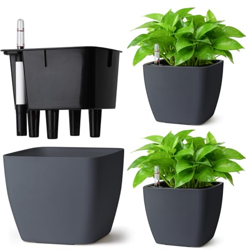 T4U 3-Pack Fyrkantig Självvattnande Kruka 13 Cm Med Vattennivåindikator, Blomkruka För Nybörjare Och Upptagna Personer, Självvattnande För Murgröna Och Pothos, Inne- Och Utomhusbruk (Grå)