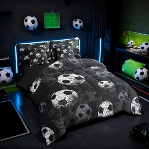 Erosebridal Soccer Comforter Set Twin Bed in A Bag, Soccer Ball Sports Twin Bedding Sets for Boys Teen Room Decor, Football Themed Bed in A Bag with Comforter, Sheets, Pillowcases & Cushion Covers